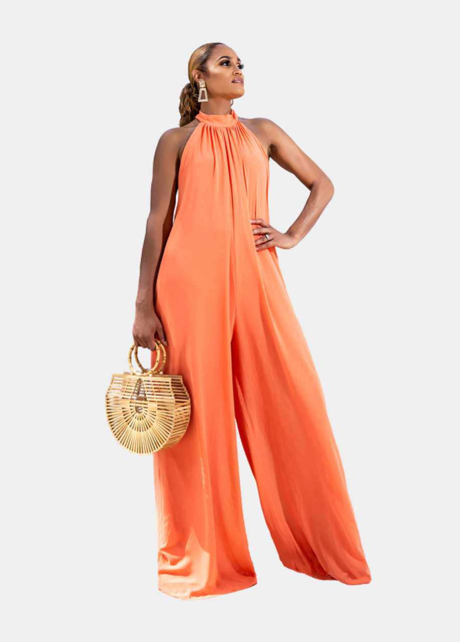 Panama Halter Wide Leg Jumpsuit - Peach