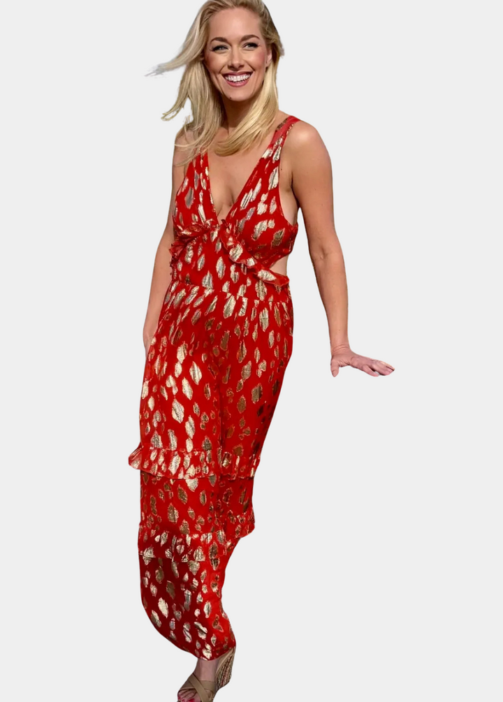 Aayna Dress-Scarlett Red with Metallic Print Long Maxi Dress with Ruffles