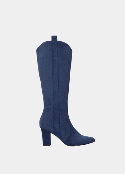 Plush Navy Suede Cowboy Style Long Boots