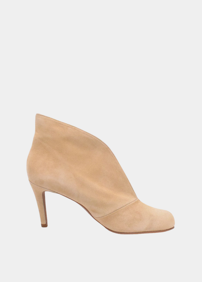 Elegant Beige Suede V Cut Heeled Shoe Boot