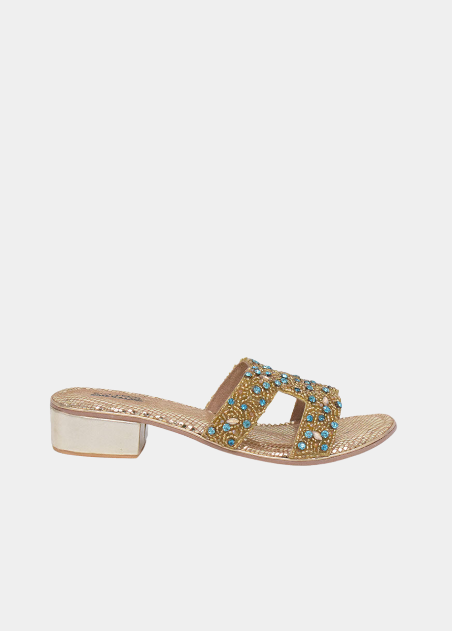 BOTTEGA Gold/Green Leather Embellished Slip On Sandal