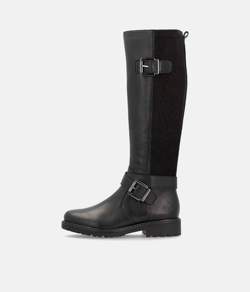 Remonte Casual Black Buckle Leather Long Boots