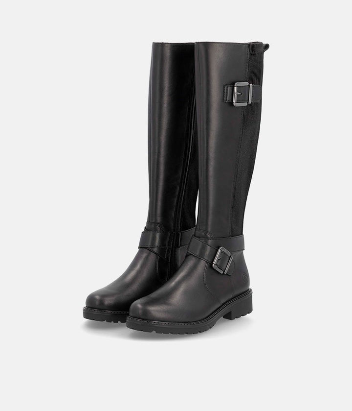 Remonte Casual Black Buckle Leather Long Boots