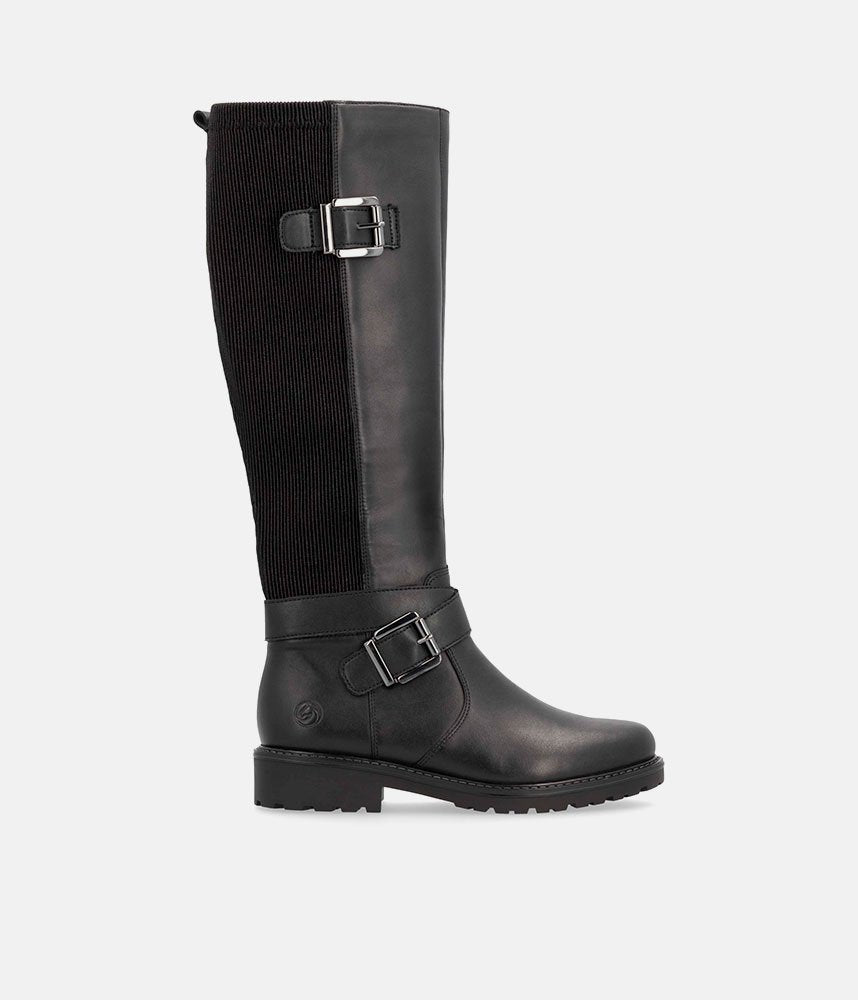 Remonte Casual Black Buckle Leather Long Boots