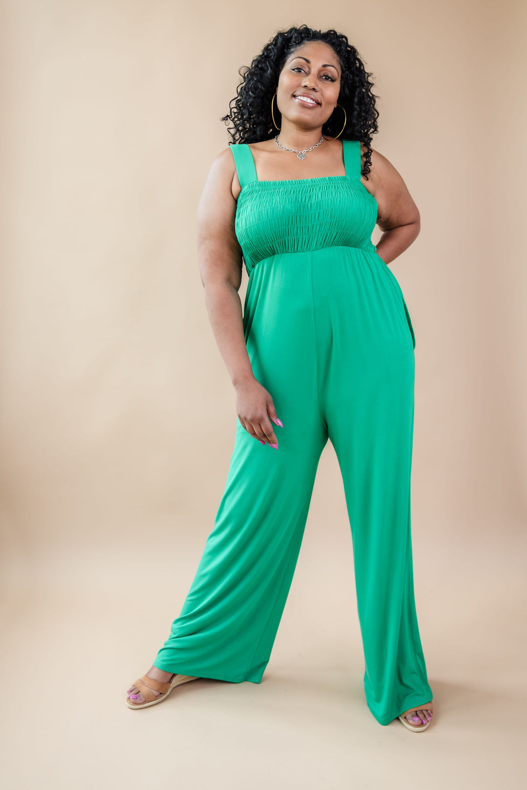 Tall Mallory Smocked Jumpsuit - Green