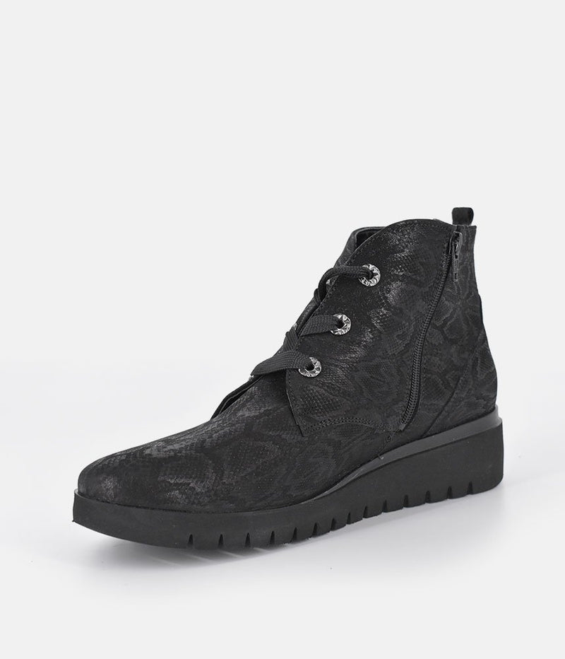 Waldlaufer Stylish Black Snake Wedge Ankle Boot