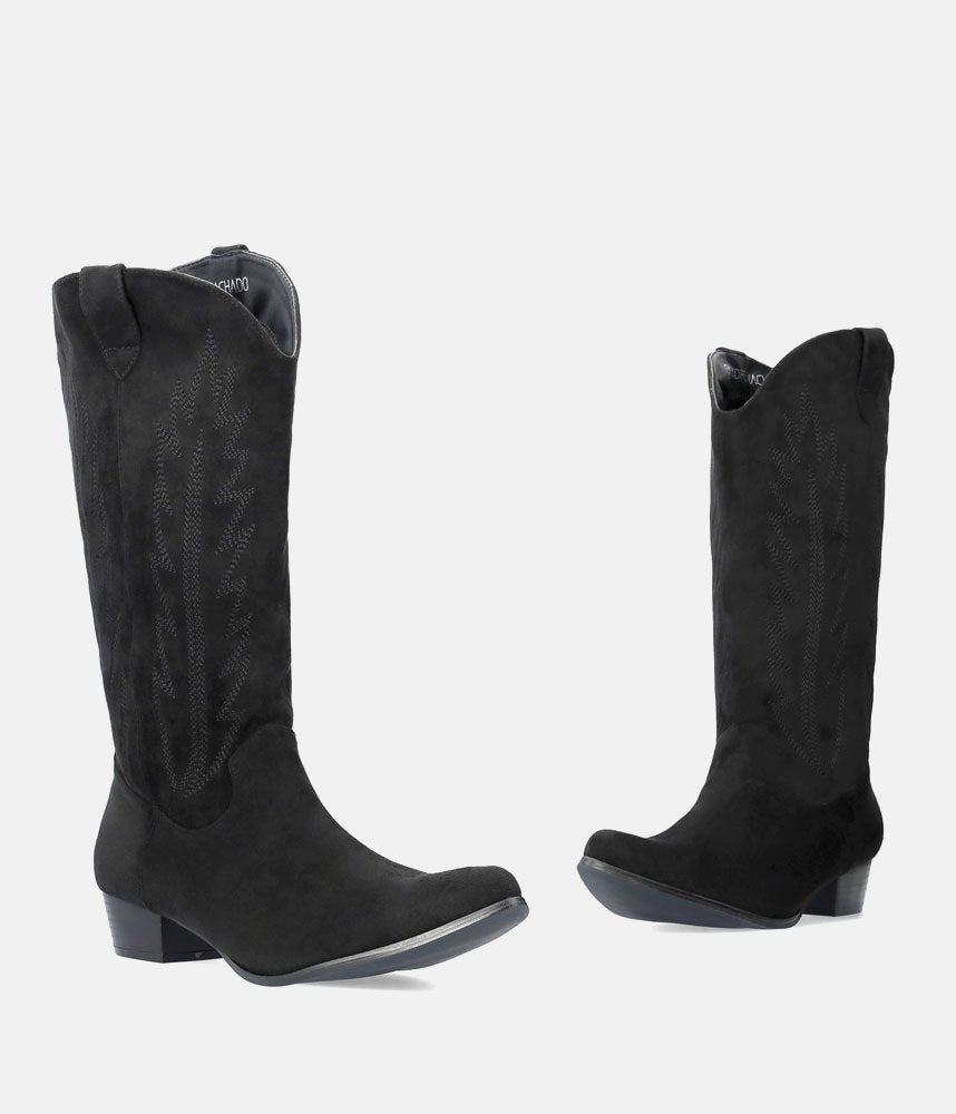 Fashionable Black Suedette Cowboy Style Boots