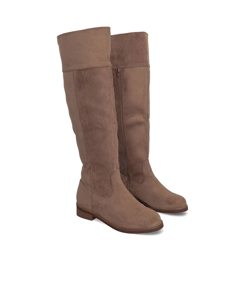 Stylish Flat Knee-High Boots in Light Brown Faux Suede