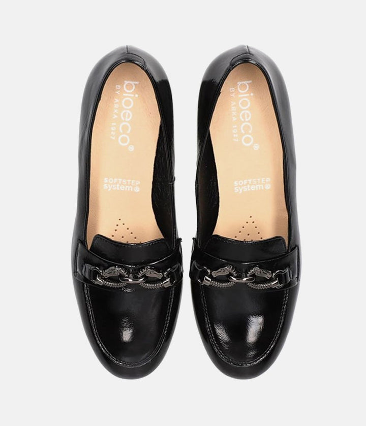 Bioeco Fashionable Black Patent Block Heel Loafers