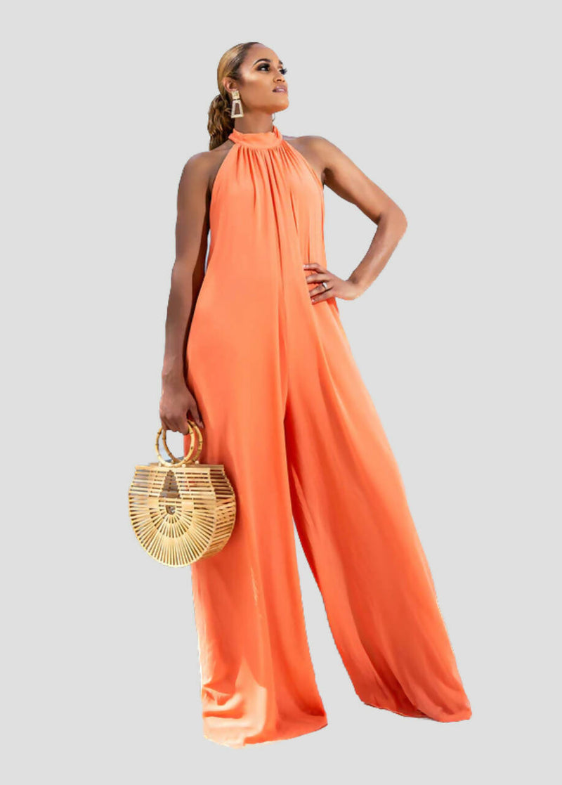 Panama Halter Wide Leg Jumpsuit - Peach