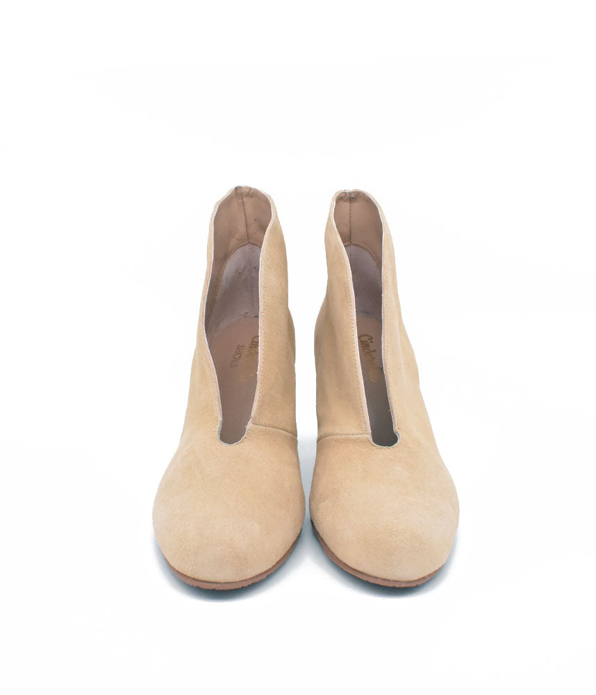 Elegant Beige Suede V Cut Heeled Shoe Boot